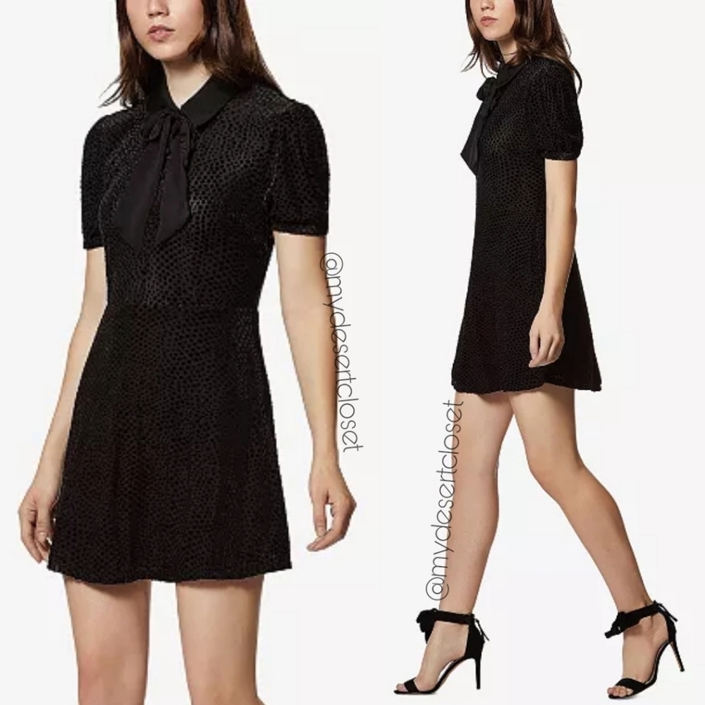 Avec Les Filles Tie Neck Velvet Burnout Button Down Black Dress